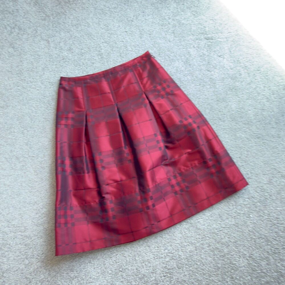 Burberry London Burgundy Taffeta Pleated Skirt Plaid Check A-Line Below Knee SM